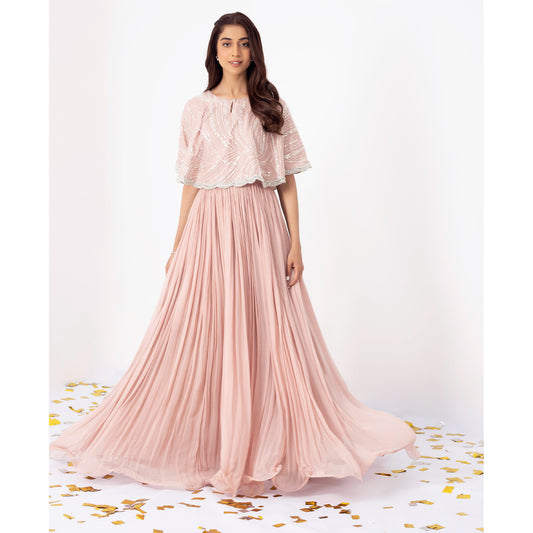 ELLA PINK | Pink Chiffon Embellished Cape Dress