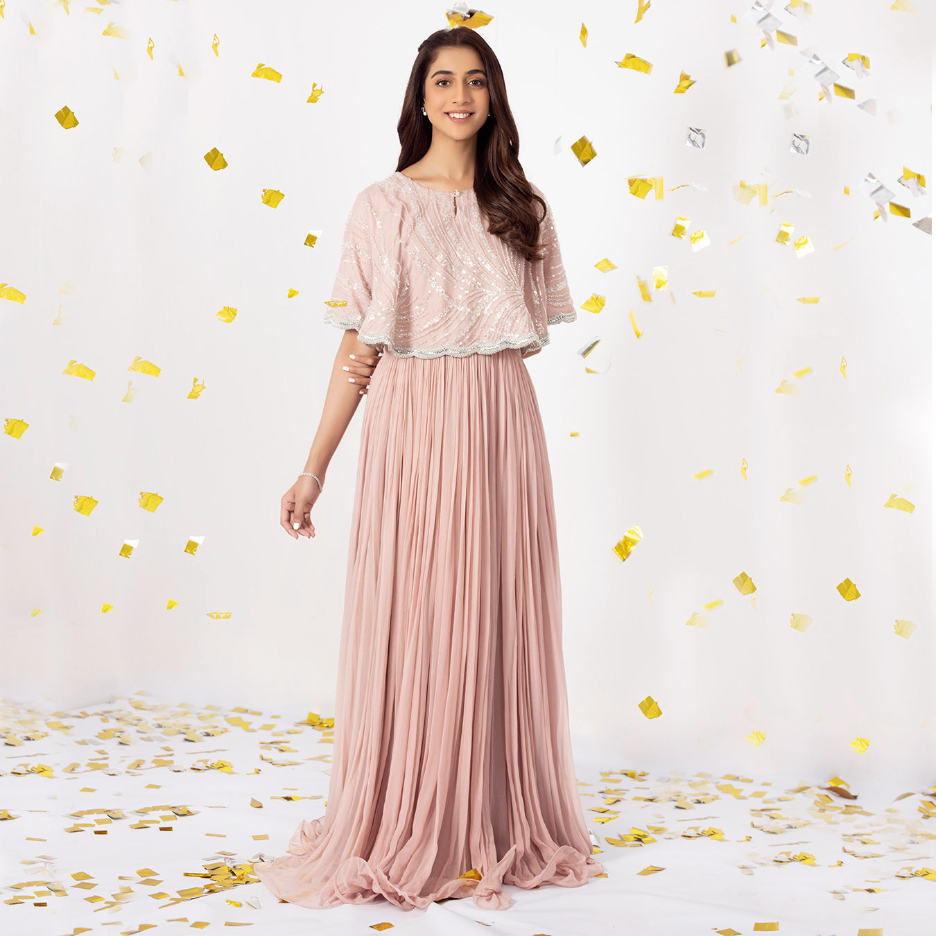 ELLA PINK Pink Chiffon Embellished Cape Dress