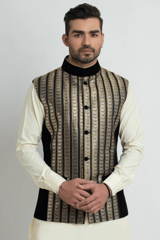 Elegant Black Jamavar Silk Waistcoat