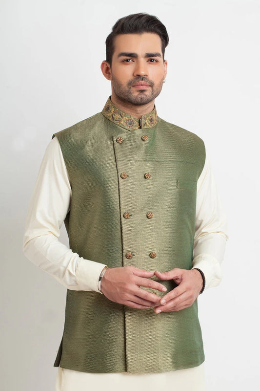 Elegant Light Olive Textured Waistcoat