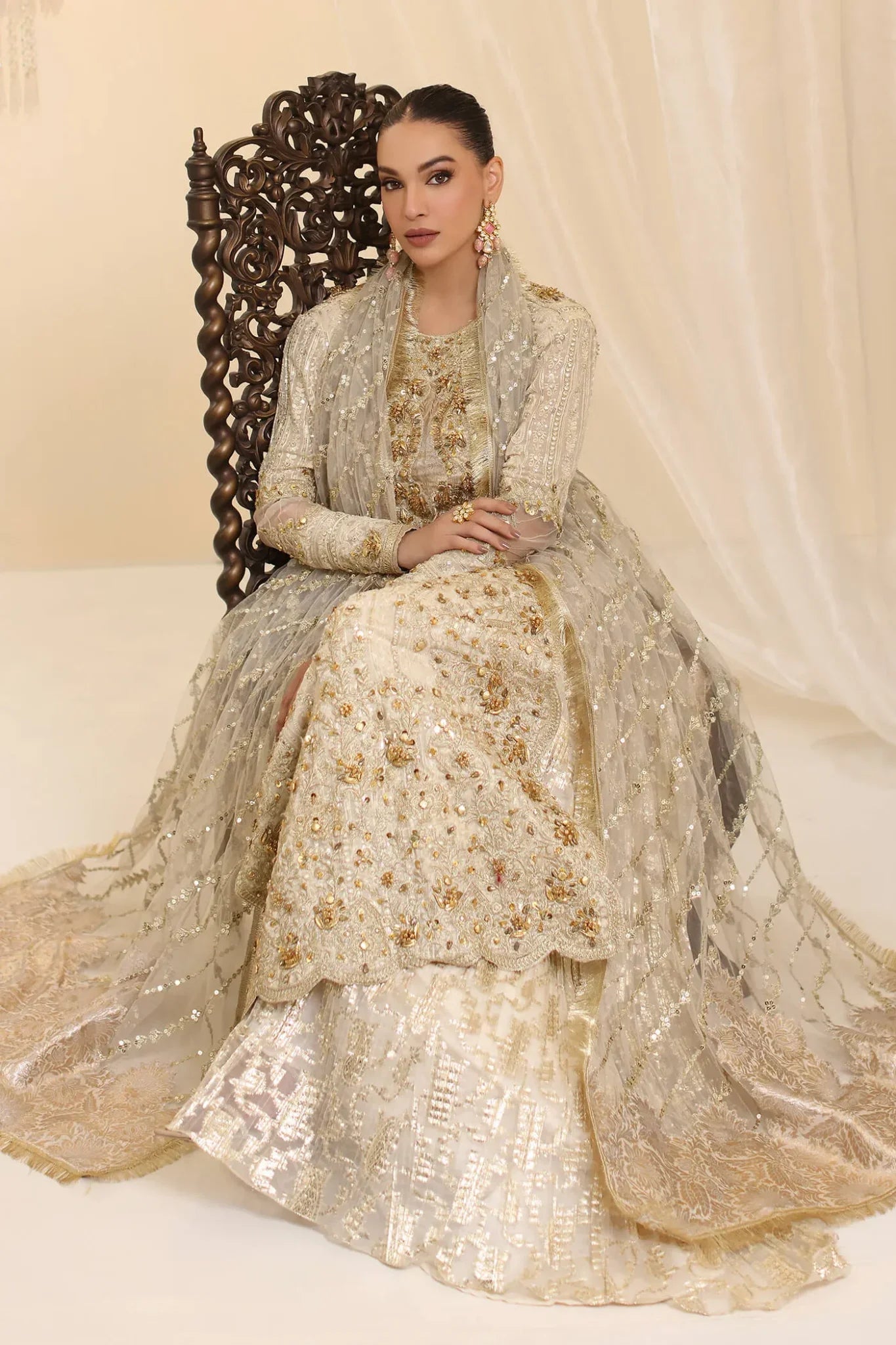 Ivory Empress | Ivory White Premium Chiffon Embroidered Embellished Sharara