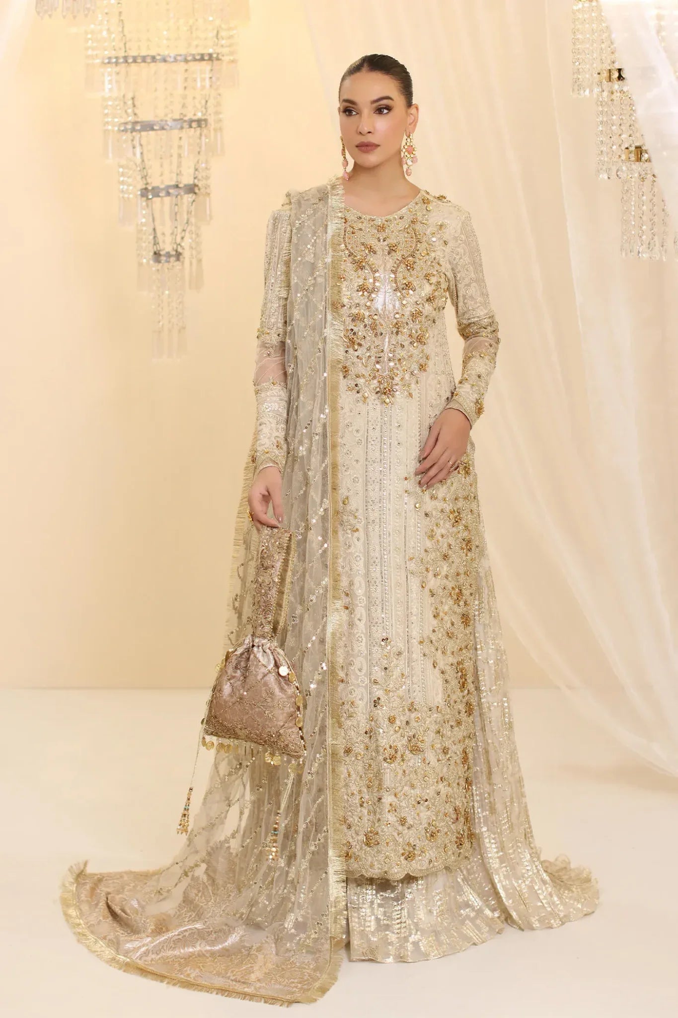 Ivory Empress | Ivory White Premium Chiffon Embroidered Embellished Sharara