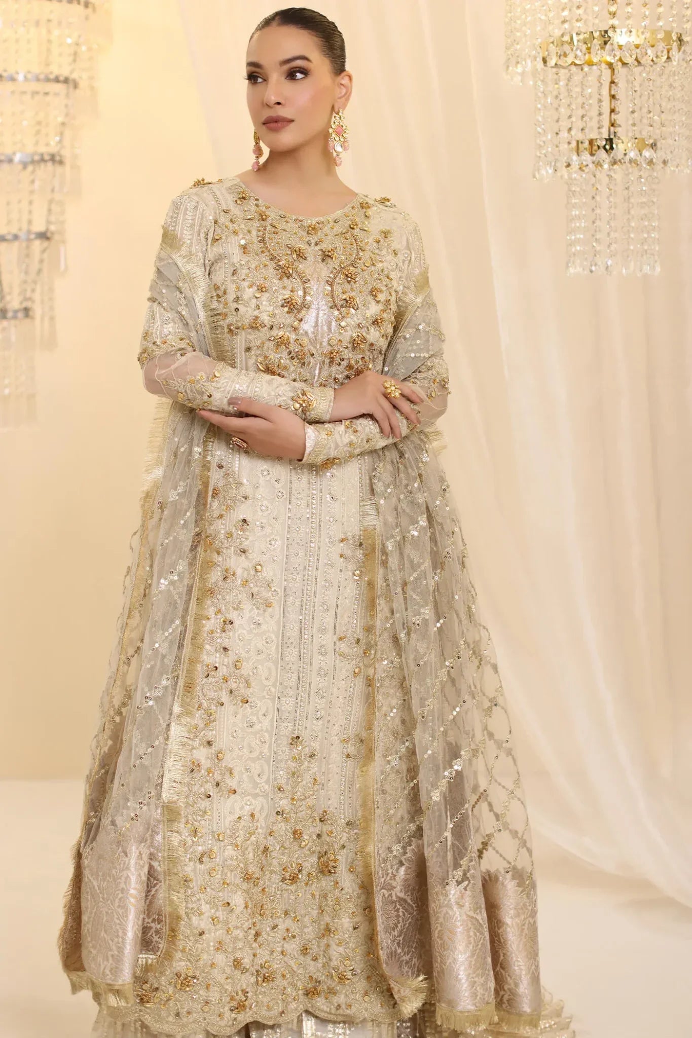 Ivory Empress | Ivory White Premium Chiffon Embroidered Embellished Sharara