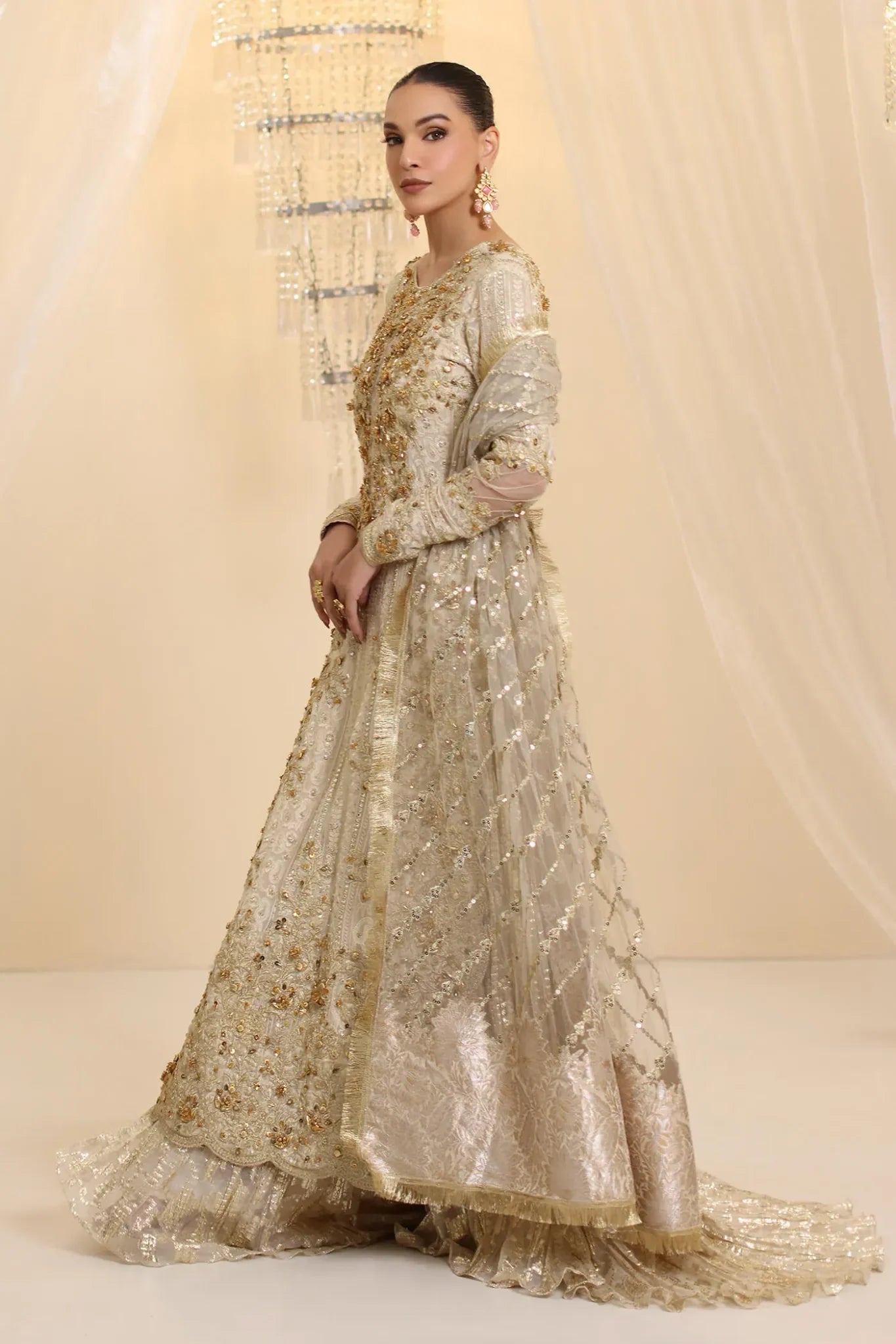 Ivory Empress | Ivory White Premium Chiffon Embroidered Embellished Sharara