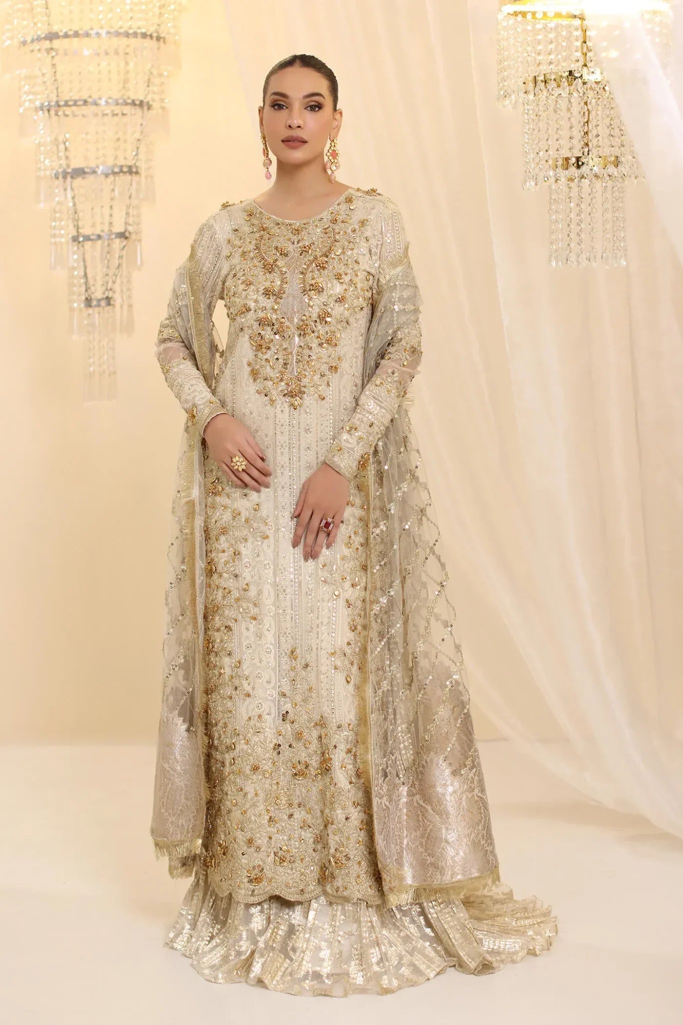 Ivory Empress | Ivory White Premium Chiffon Embroidered Embellished Sharara