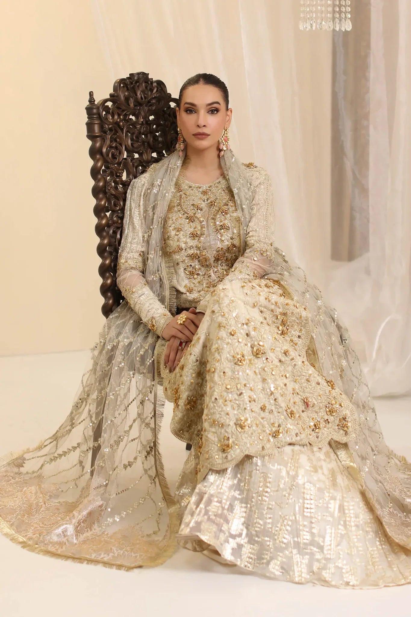 Ivory Empress | Ivory White Premium Chiffon Embroidered Embellished Sharara