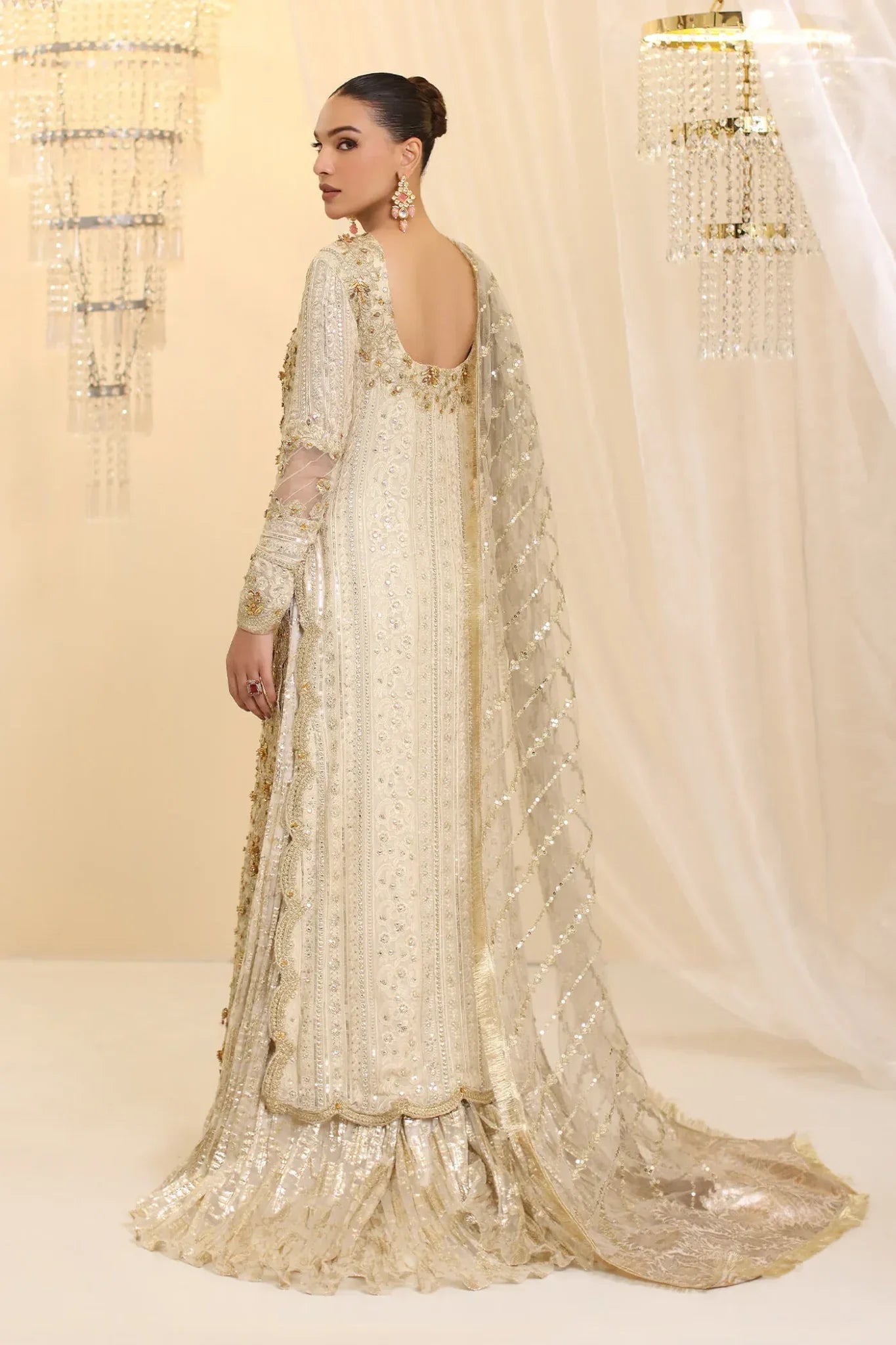 Ivory Empress | Ivory White Premium Chiffon Embroidered Embellished Sharara