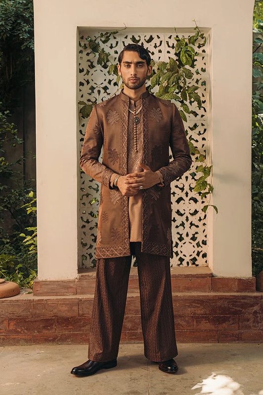 Russet Brown Silk Embroidered Open Sherwani