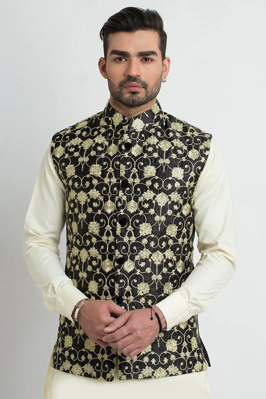 Exclusive Gold Tilla Black Silk Waistcoat