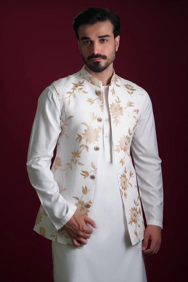 Ghalib Off-White & Gold Embroidered Waistcoat