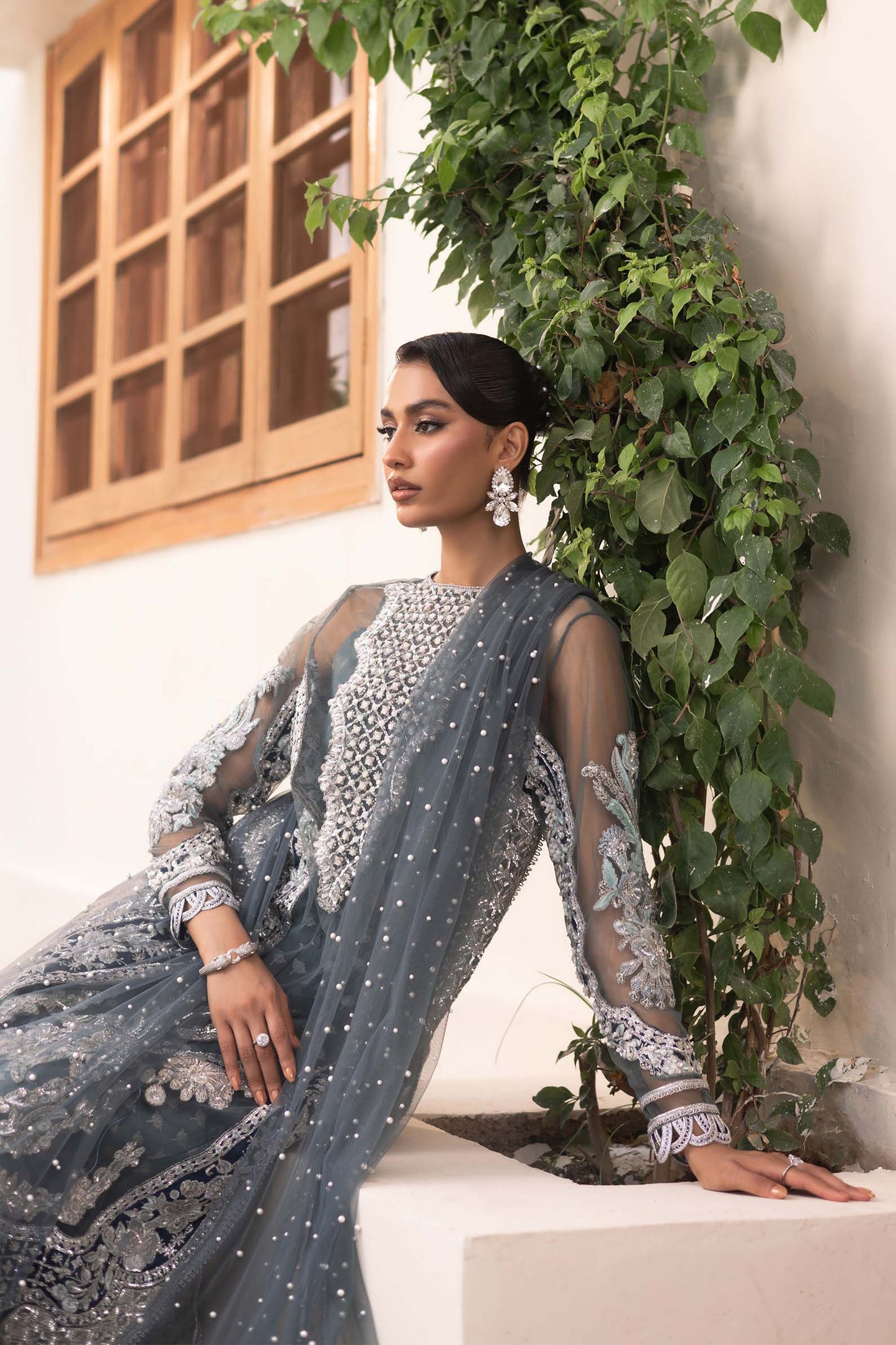 Zari | Maryam Hussain Grey Net Embroidered Hand Embellished Sharara