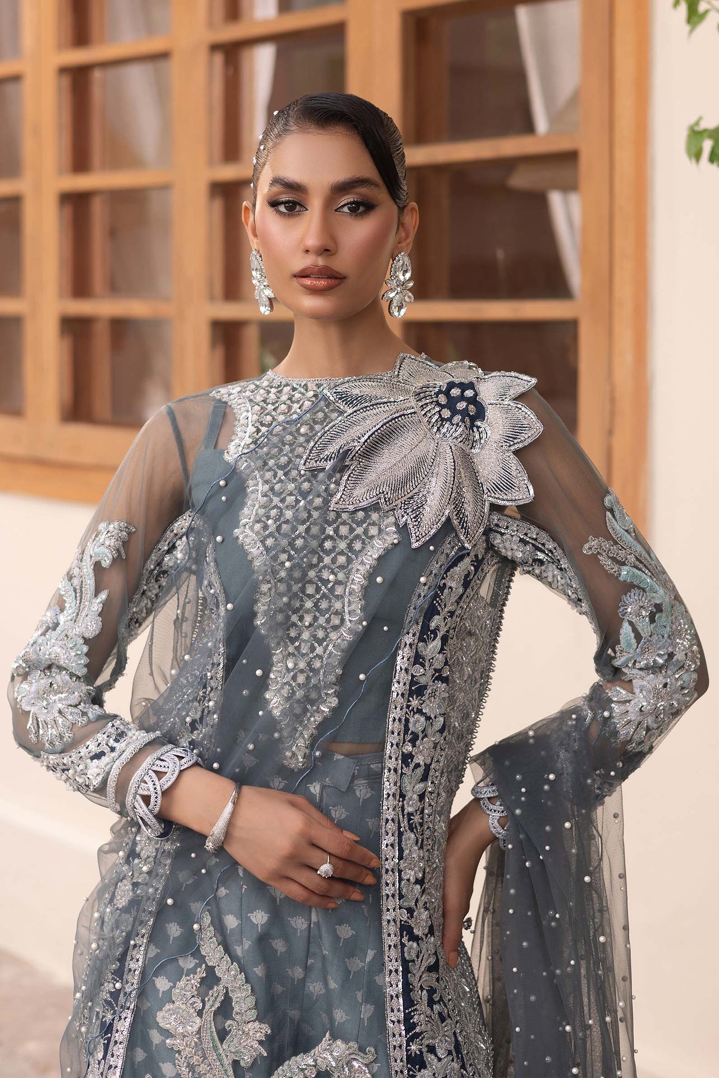 Zari | Maryam Hussain Grey Net Embroidered Hand Embellished Sharara