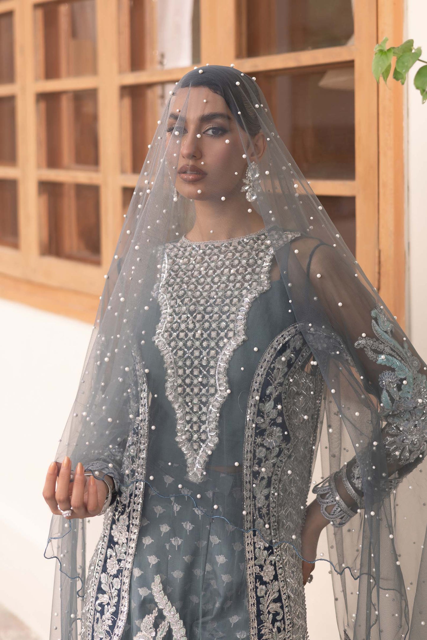 Zari | Maryam Hussain Grey Net Embroidered Hand Embellished Sharara