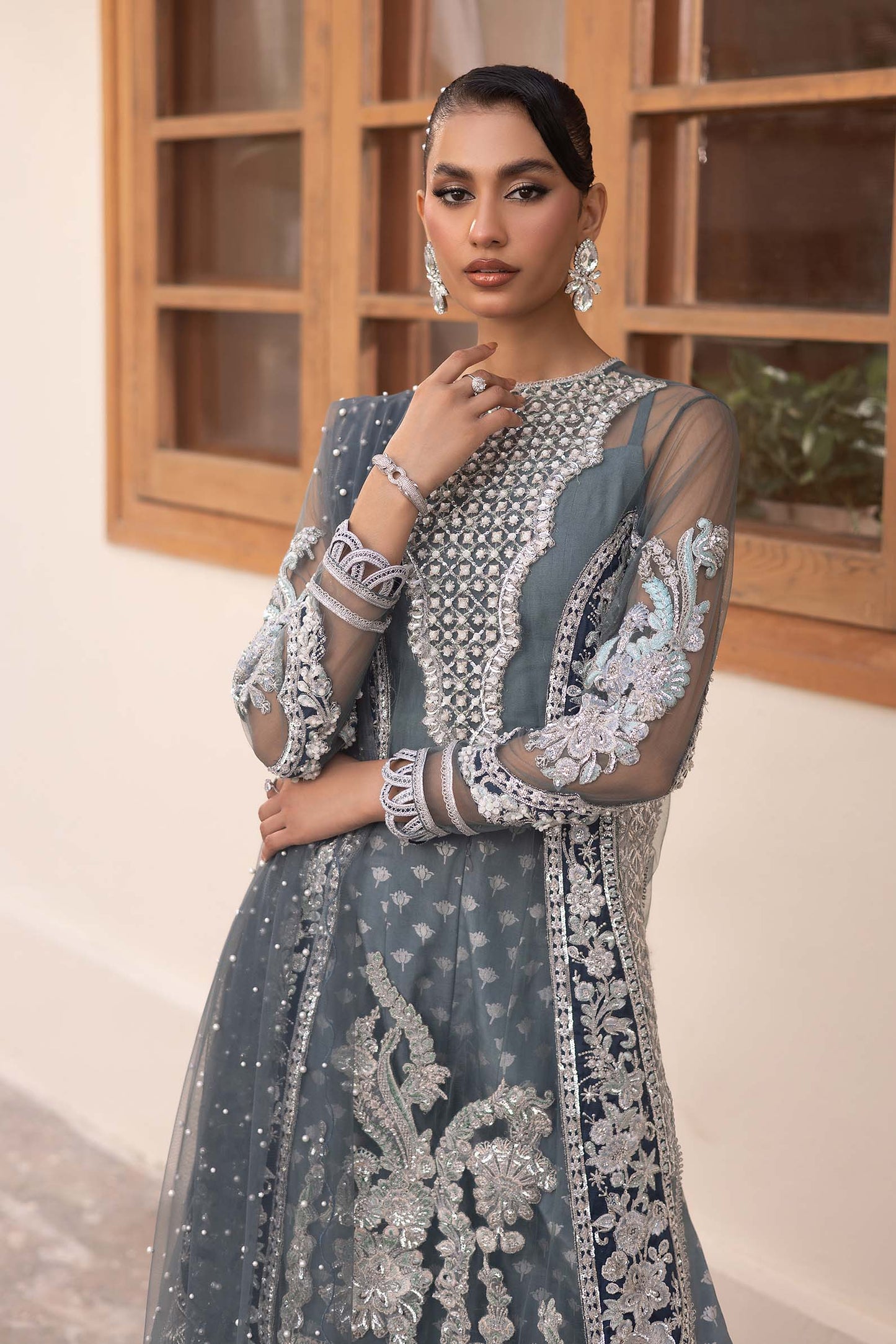 Zari | Maryam Hussain Grey Net Embroidered Hand Embellished Sharara