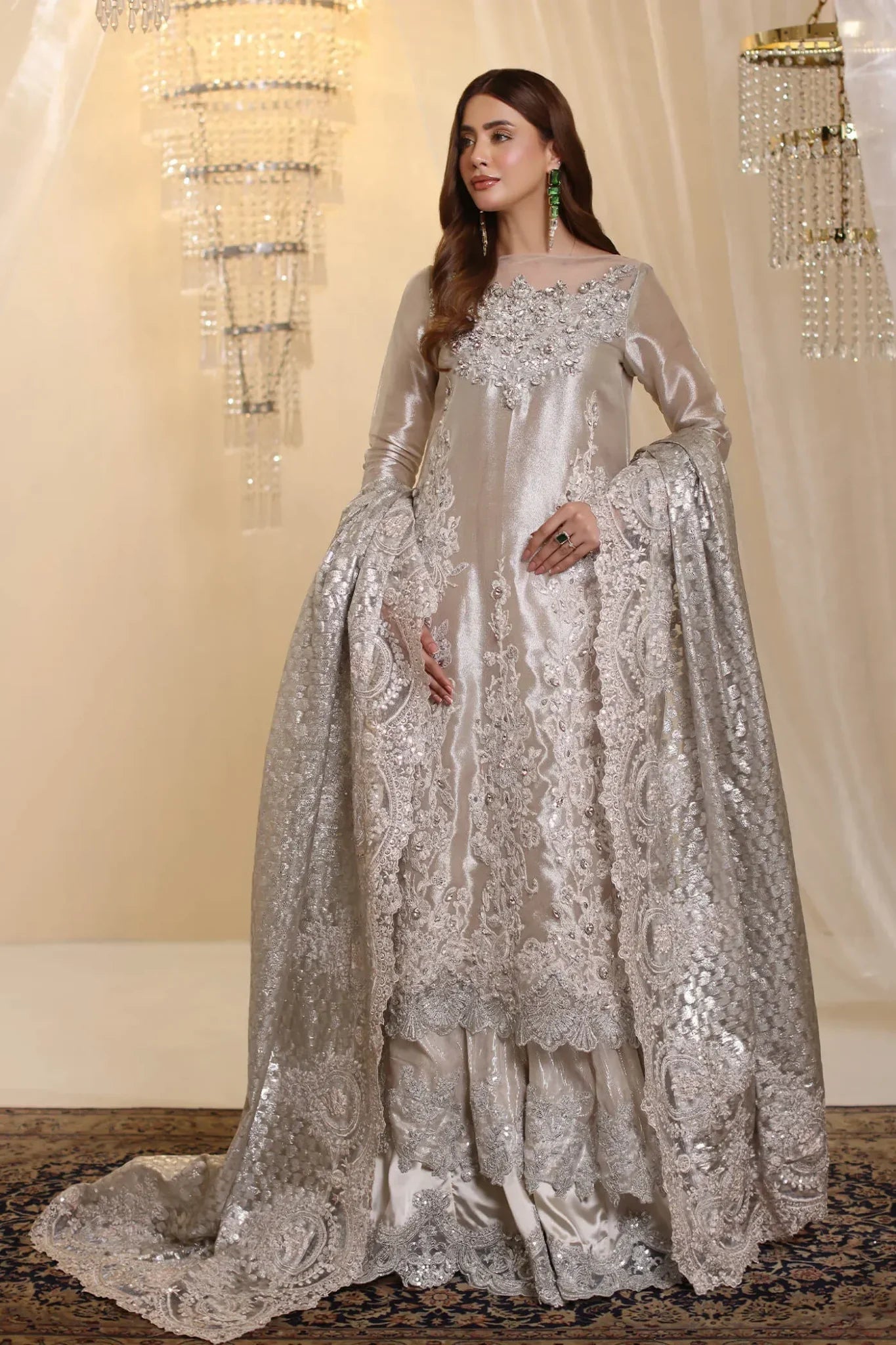 Lunar | Silver Rose Gold Premium Tissue Embroidered Embellished Sharara