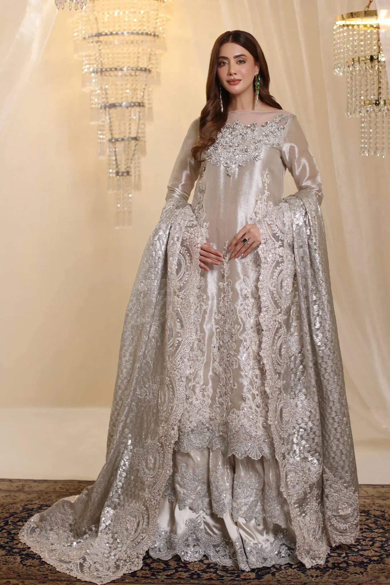 Lunar | Silver Rose Gold Premium Tissue Embroidered Embellished Sharara