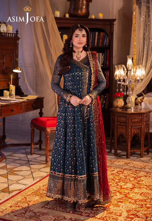 Asim Jofa | Teal Embroidered Chiffon Angrakha