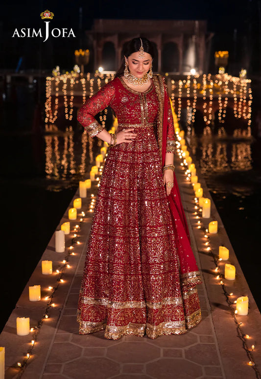 Asim Jofa | Red Embroidered Embellished Chiffon Gown