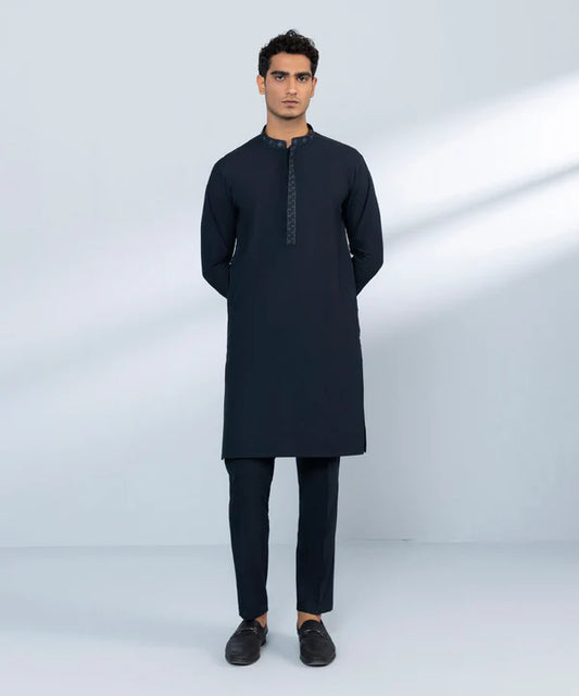 2 Piece | Navy Embroidered Wash and Wear Kurta Trouser