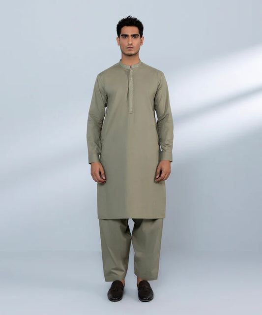 2 Piece | Khaki Embroidered Cotton Dobby Kurta Shalwar