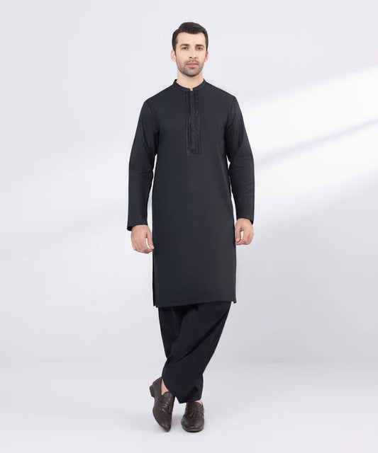 2 Piece | Black Embroidered Cotton Kurta Shalwar