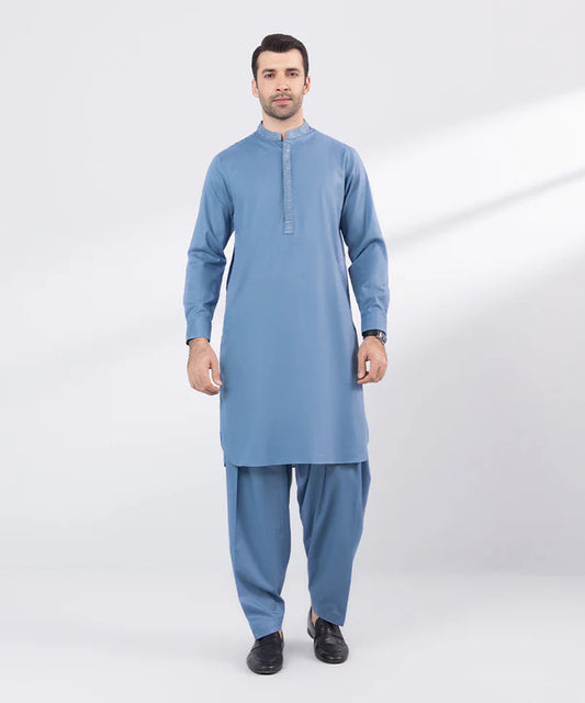 2 Piece | Blue Embroidered Cotton Kurta Shalwar