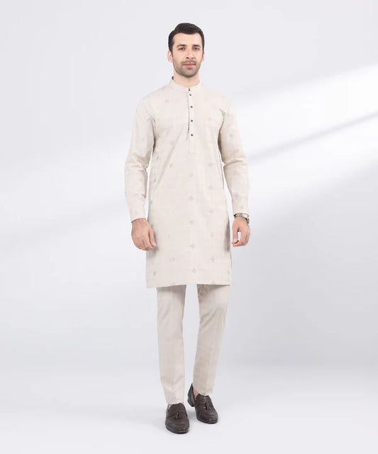 2 Piece | Beige Cotton Jacquard Embroidered Kurta Trousers