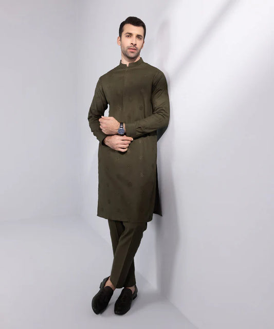 2 Piece | Olive Embroidered Cotton Kurta Trouser