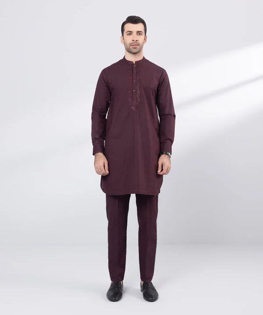 2 Piece | Maroon Embroidered Cotton Jacquard Kurta Pyjama