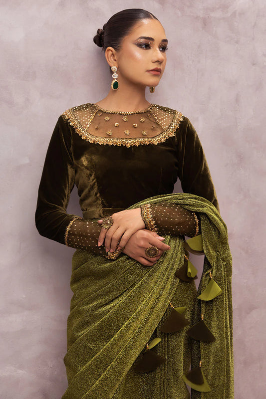 Milana | Green Embellished Velvet Saree