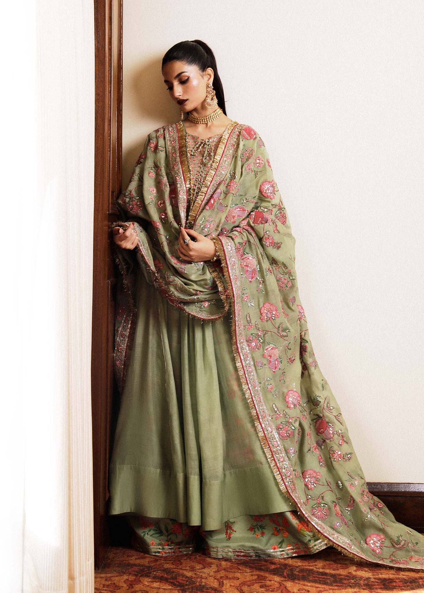 Hussain Rehar | Pistachio Chanderi Silk Pishwas Sharara