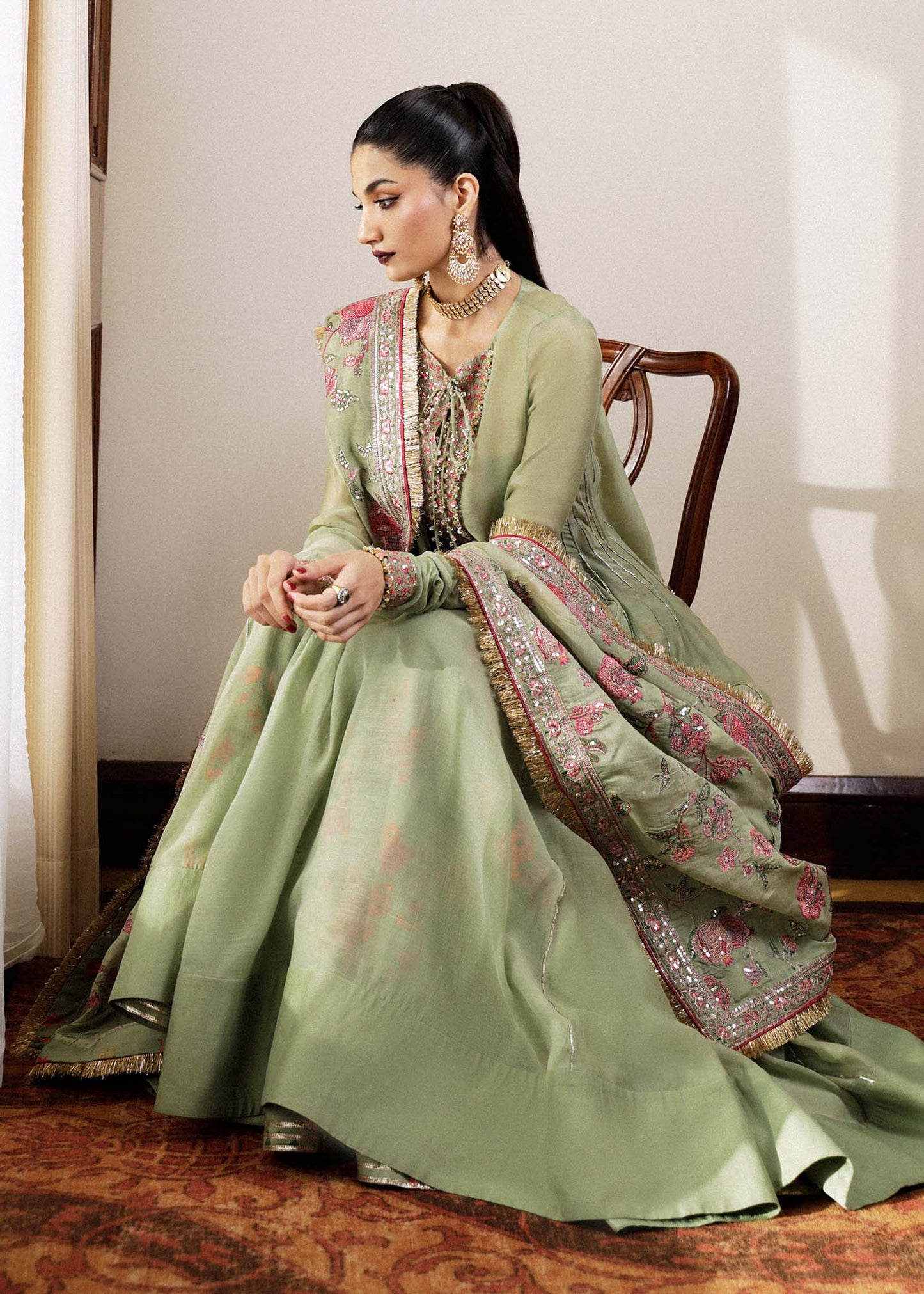 Hussain Rehar | Pistachio Chanderi Silk Pishwas Sharara