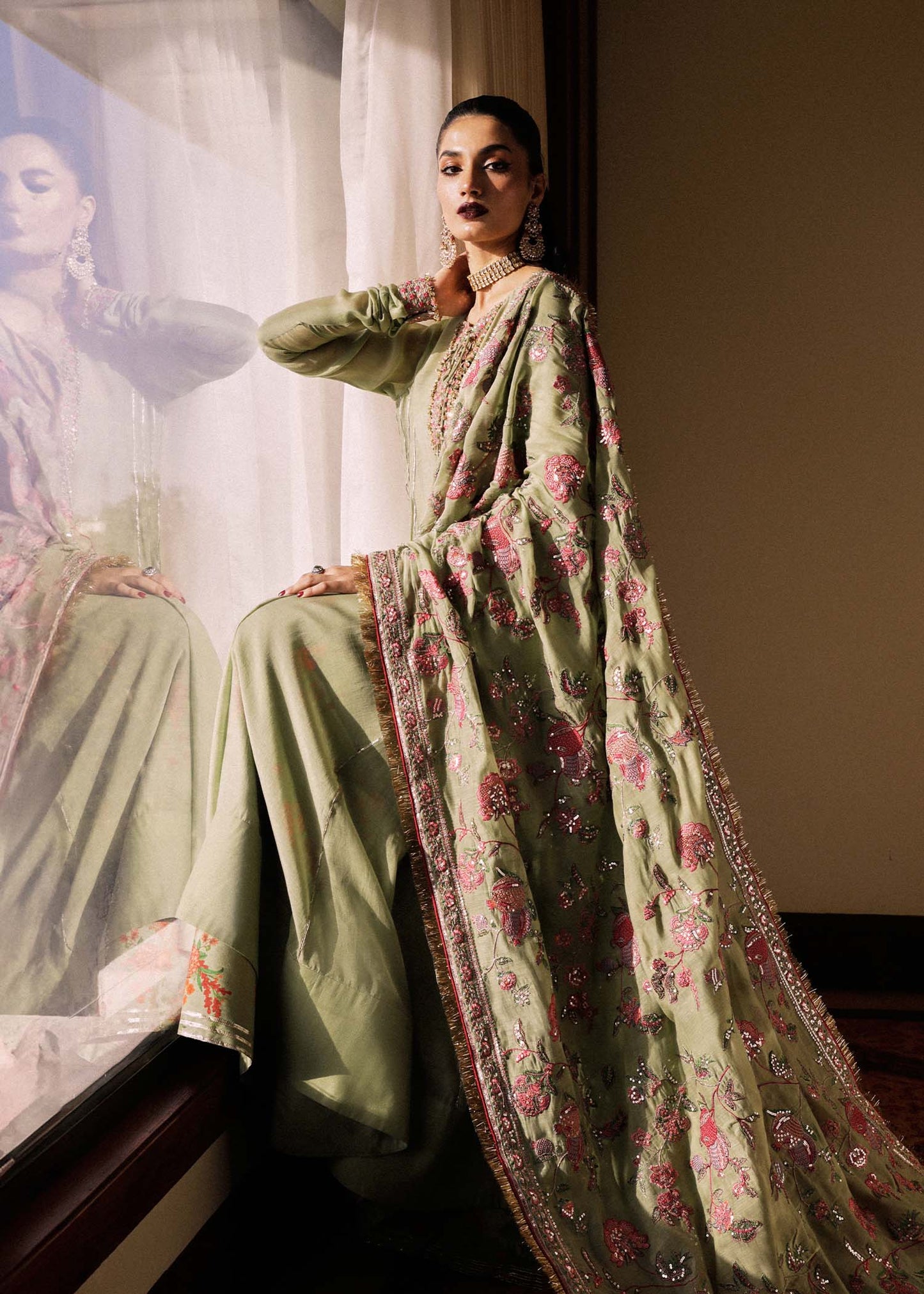 Hussain Rehar | Pistachio Chanderi Silk Pishwas Sharara