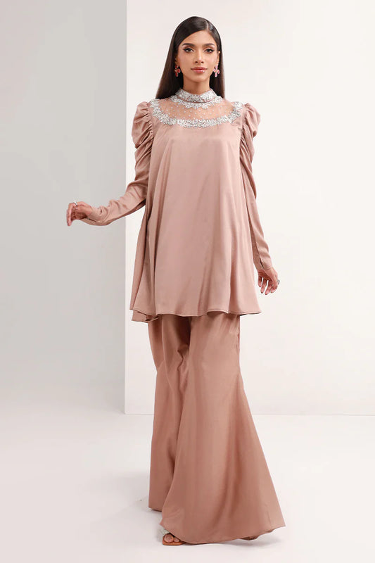 Pastel Brown | Chiffon Peplum Embellished Co Ord Set