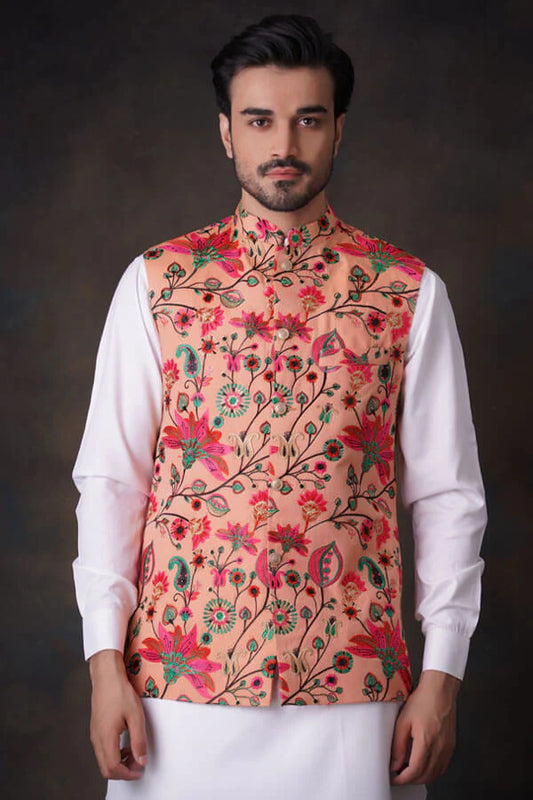 Peach Multicolor Accents All Embroidered Waistcoat