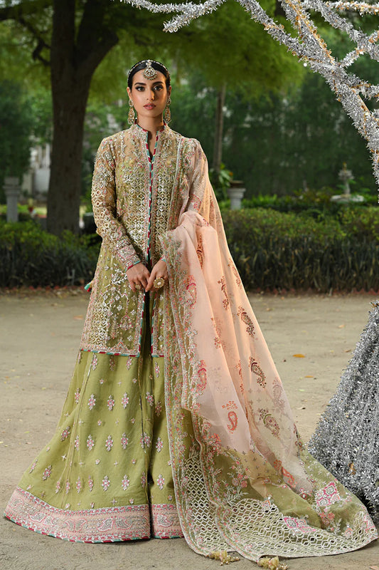 Qalamkar | Pistachio Green Net Embroidered Sharara