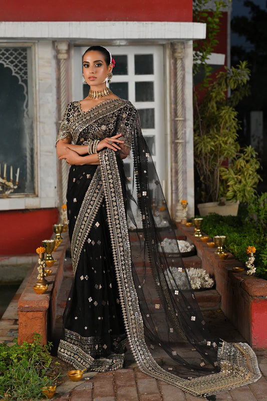 Qalamkar | Black Net Gotta Embroidered Saree