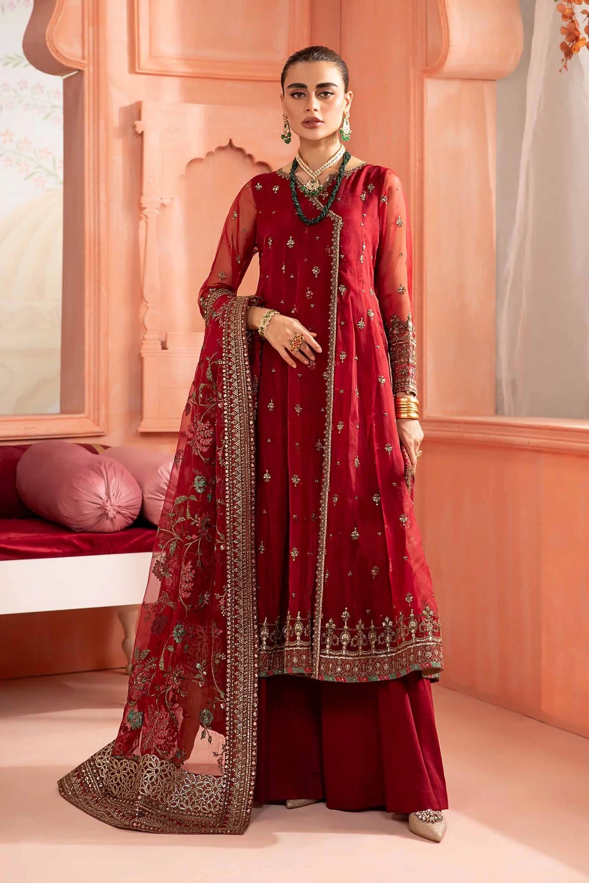 Maria B | Red Organza Hand Embroidered Angrakha Suit