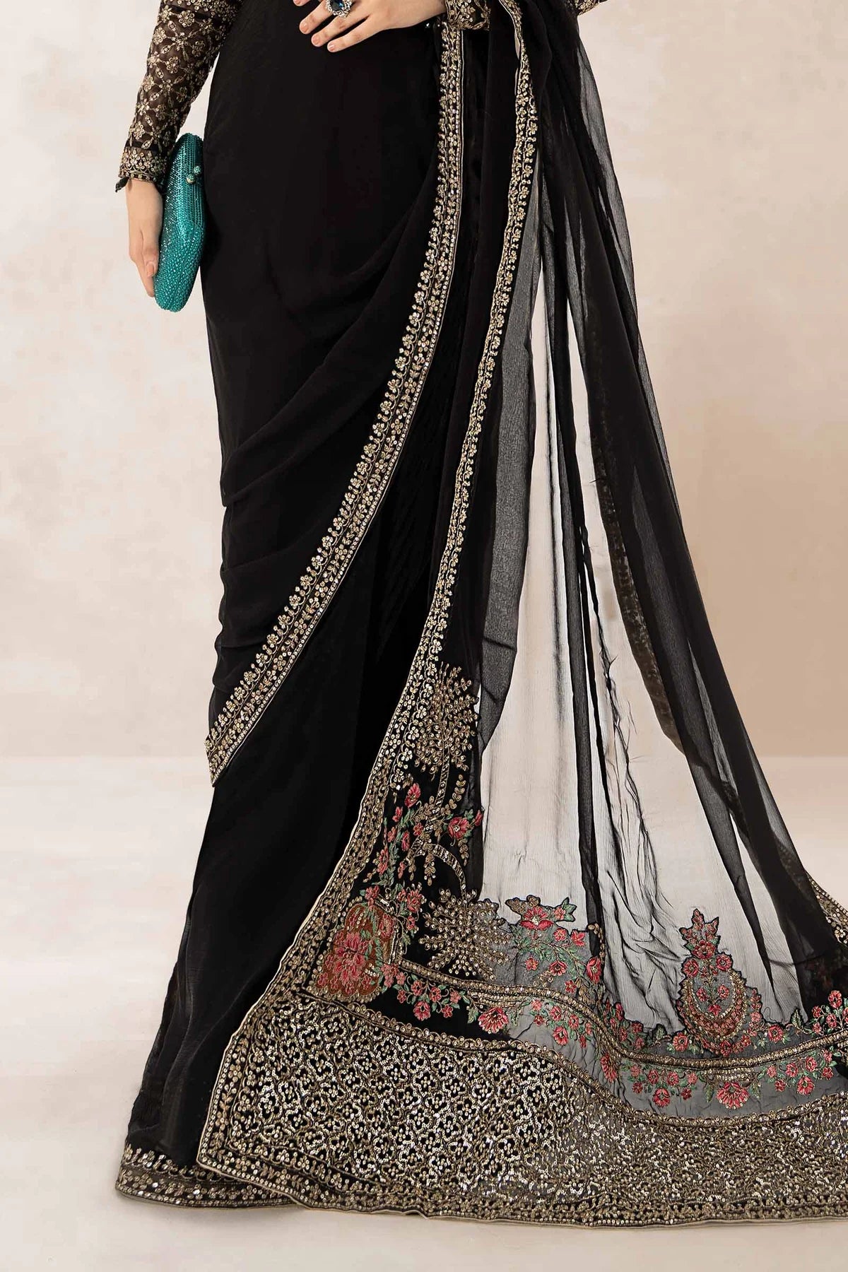 Maria B | Black Embroidered Organza Saree