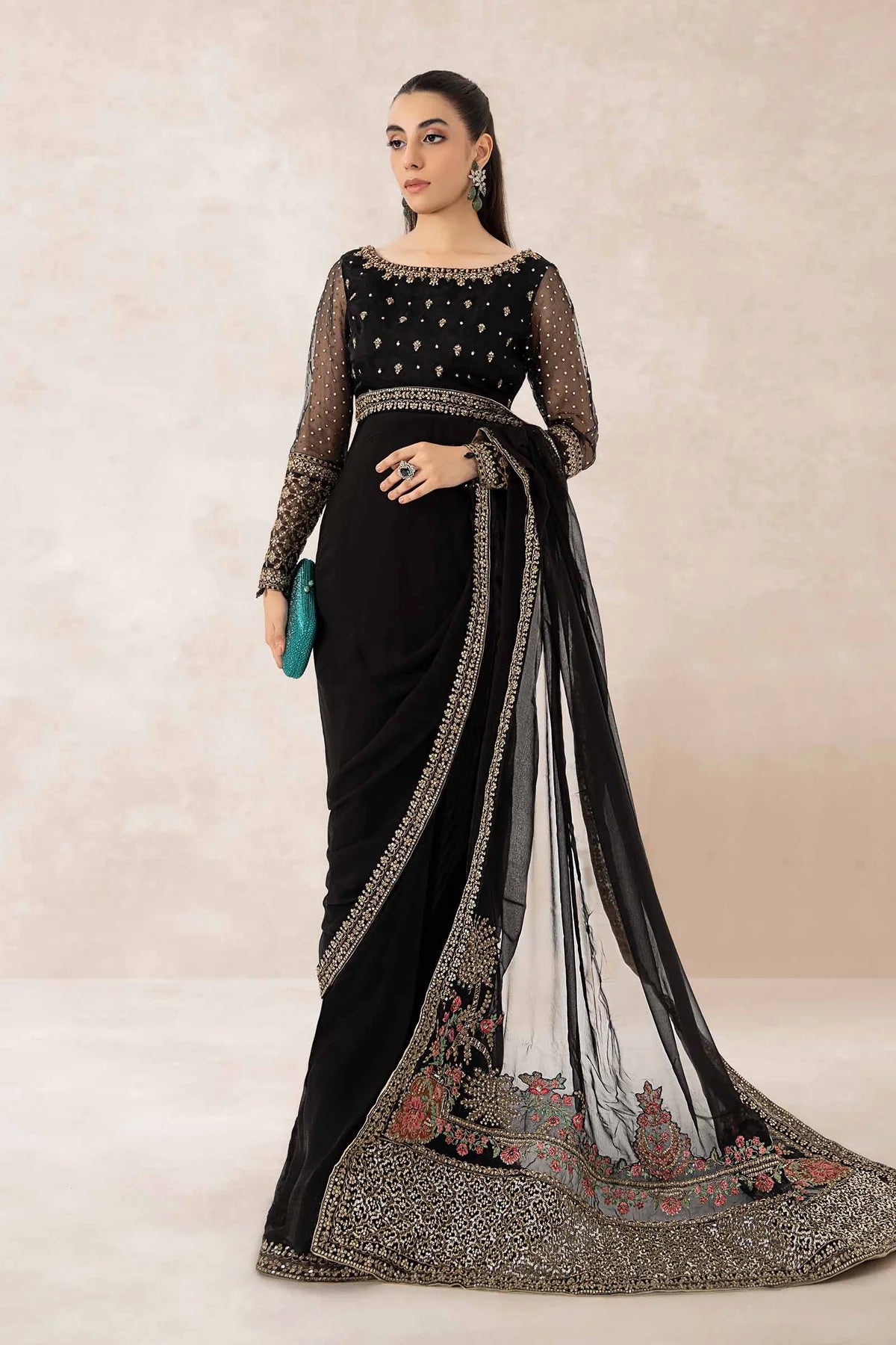 Maria B | Black Embroidered Organza Saree