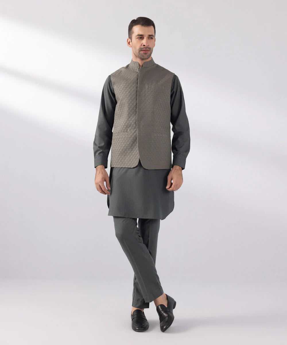 Grey Schiffli Embroidered Waistcoat