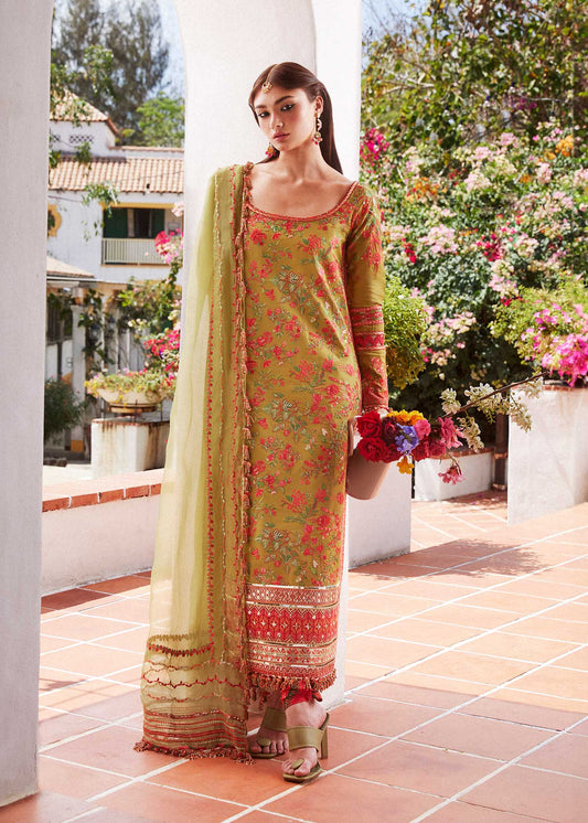 Hussain Rehar | Mehndi Green Embroidered Lawn Suit