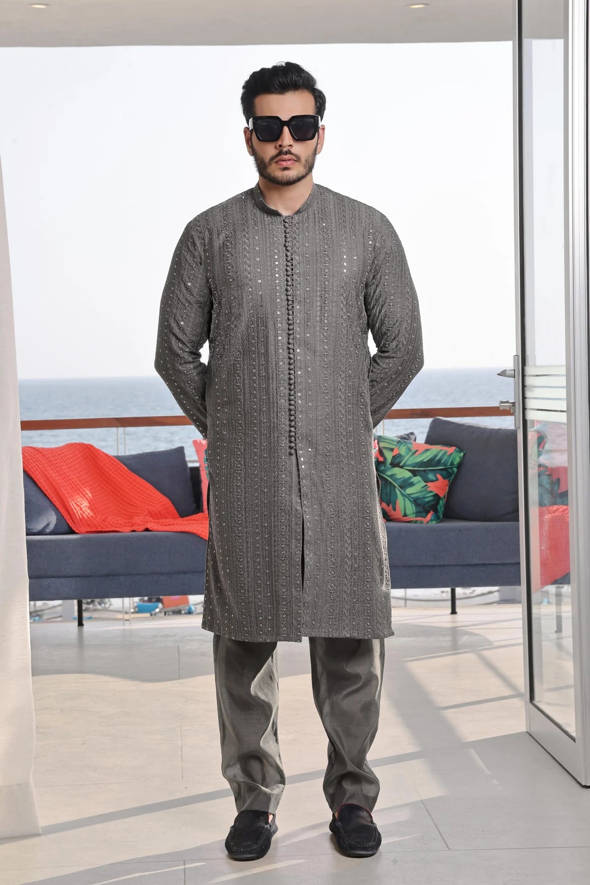 2 Piece | Silver Embroidered Silk Kurta Pyjama