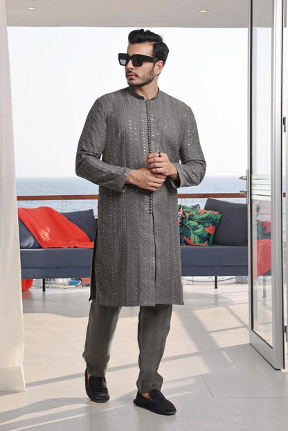 2 Piece | Silver Embroidered Silk Kurta Pyjama