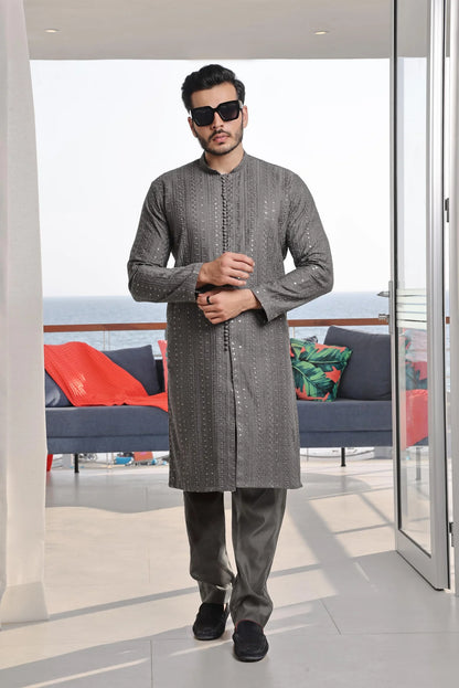 2 Piece | Silver Embroidered Silk Kurta Pyjama