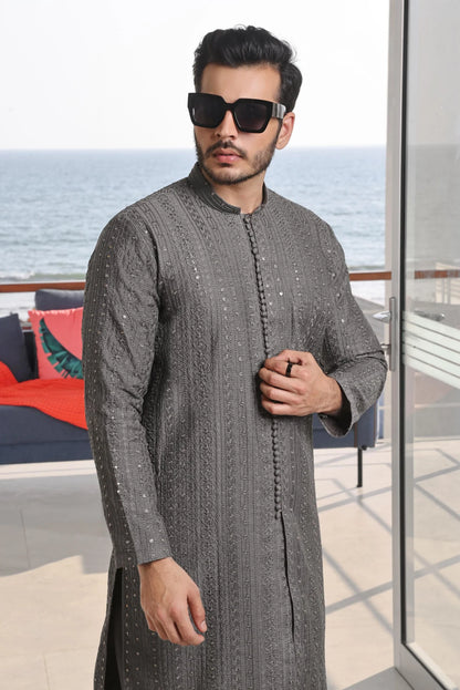 2 Piece | Silver Embroidered Silk Kurta Pyjama