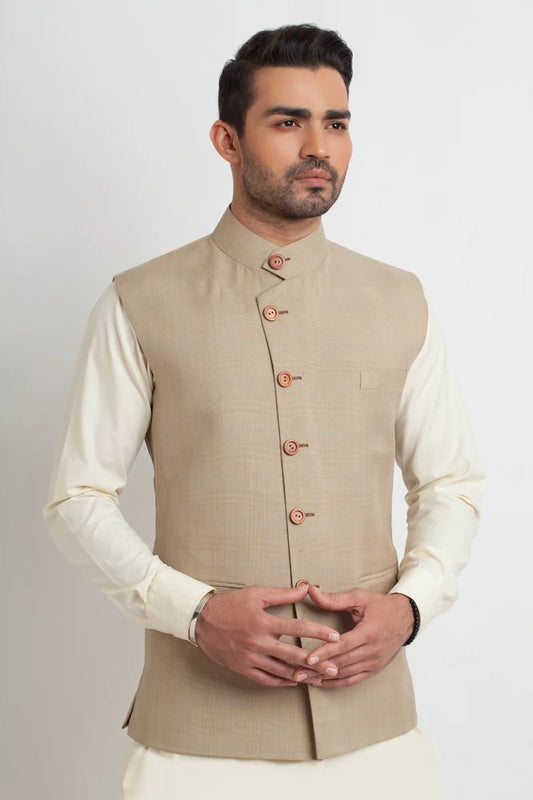 Stylish Khaki Textured Silk Waistcoat