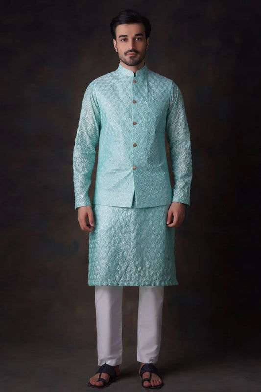 Turquoise Embroidered Kurta and Waistcoat Set