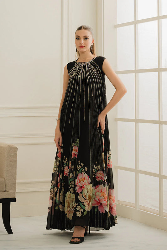 Miril | Black Embellished Sleeveless Georgette Chiffon Floral Dress