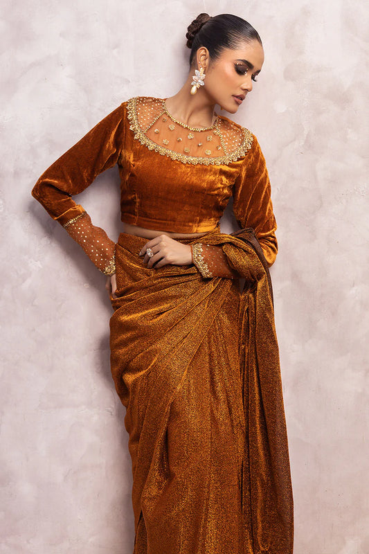 Zamira | Burnt Orange Embellished Velvet Saree